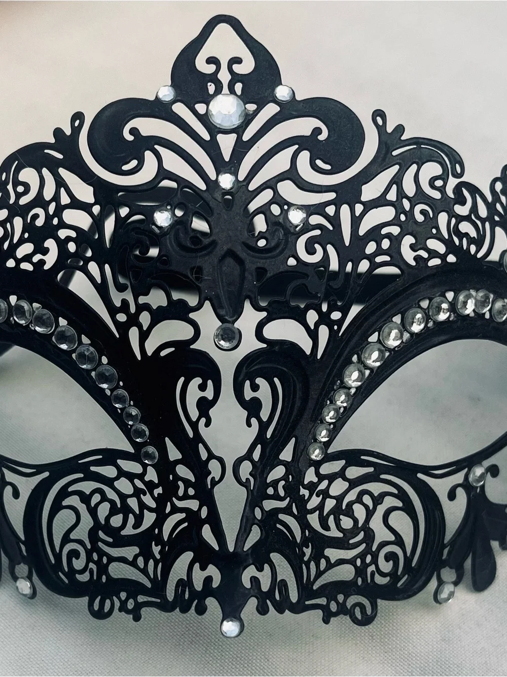 Black Ornate Masquerade Mask with Rhinestones & Intricate Scrollwork